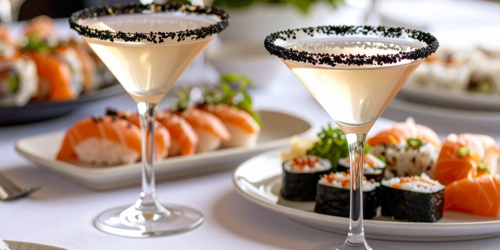 Two Martini cocktails with a clear appearance, served in classic stemmed glasses rimmed with black sesame seeds. Sushi platters are visible in the background, enhancing the pairing idea.