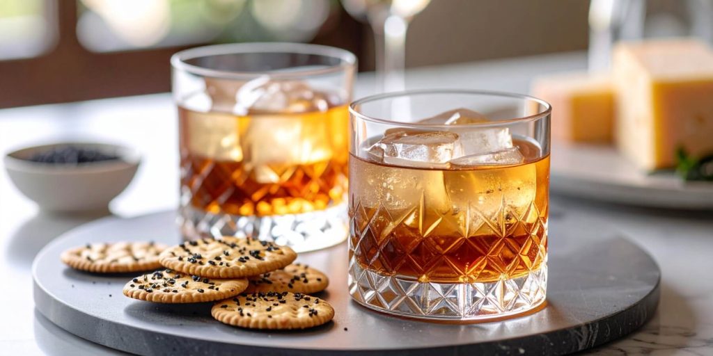 Two Old Fashioned cocktails served in cut-crystal tumblers with large ice cubes. Black sesame crackers and cheese blocks complete the elegant, snack-friendly setup.