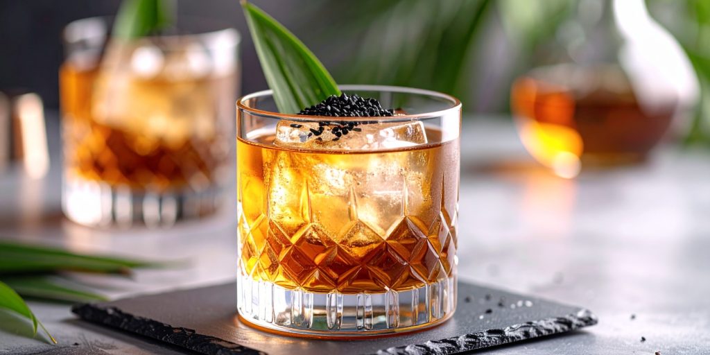 Pandan Old Fashioned cocktail from the Black Sesame cocktail collection, shown in a patterned glass with large ice cubes, garnished with a pandan leaf and black sesame seeds.