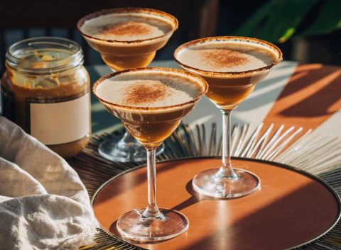 Close-up of three decadent Dulce de Leche Mexican dessert cocktails