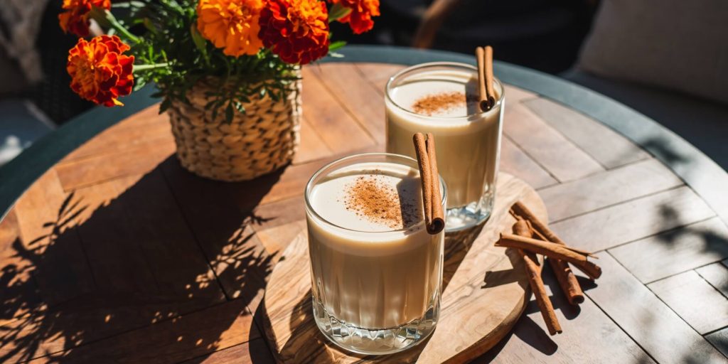 Two Horchata drinks with cinnamon stick garnish on a table with a vase of marigolds
