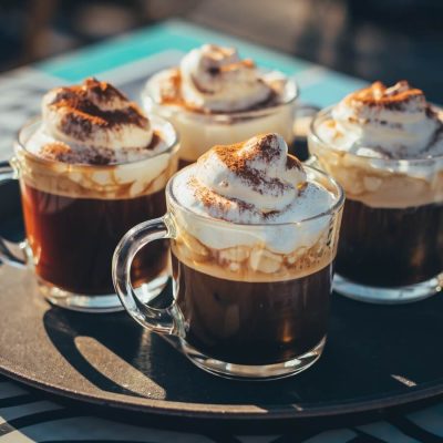 A tray of four Mexican Hot Chocolate cocktails topped with whipped cream
