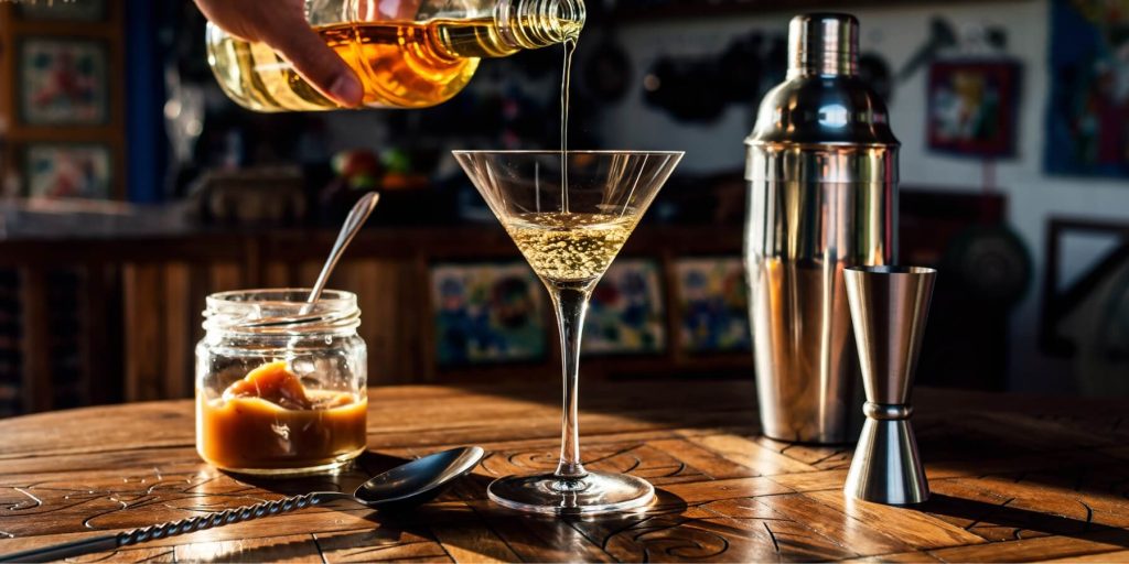 A hand pouring tequila into a martini glass