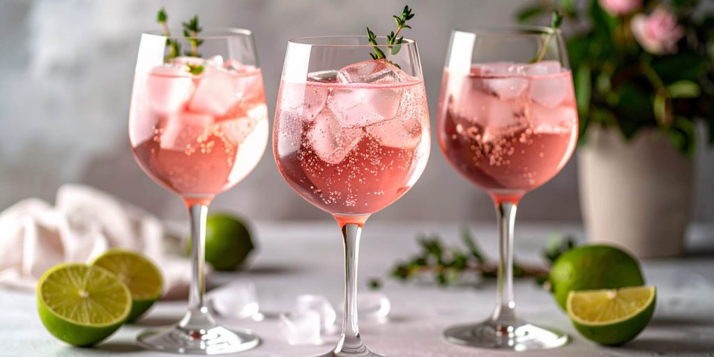 Three Sarti Spritz cocktails in ice-filled wine glasses with fresh thyme garnish