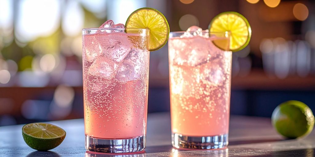 Two vibrant pink Sart and Soda drinks served in ice-filled highball glasses with fresh lime wheel garnish
