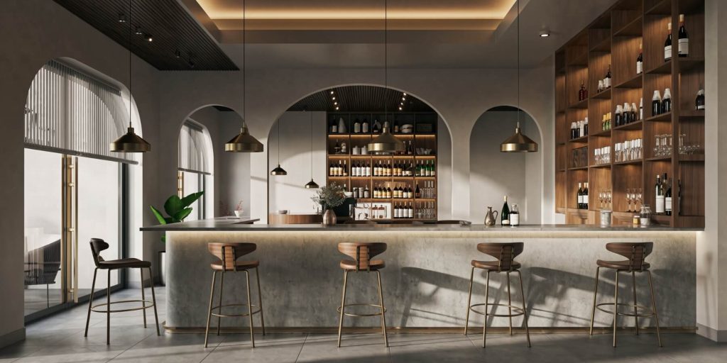 A minimalist bar scene with modern furniture, moody lighting, and clean aesthetics 
