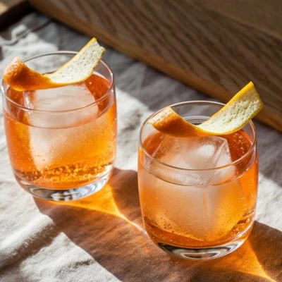 Two Low-ABV cocktails in rocks glasses garnished with orange peel