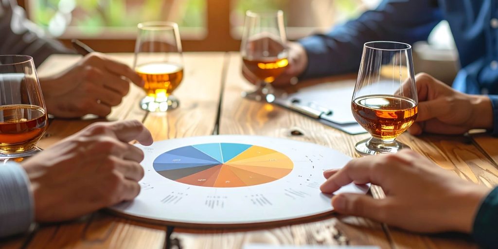 A close up of four people's hands holding bourbon tasting glasses around a table with a bourbon flavor wheel in the center