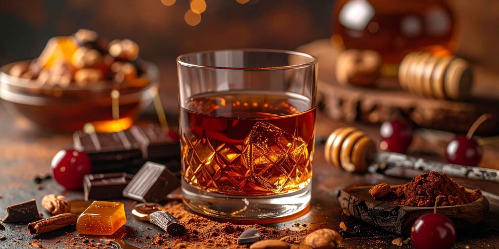 A glass of bourbon on a dark wooden table surrounded by chocolates, cherries, caramel and spices.