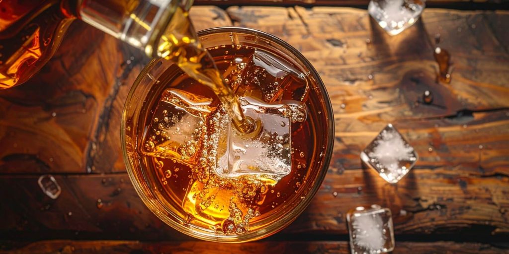 A top shot of bourbon being poured into a rocks glass with ice on a rustic wooden table