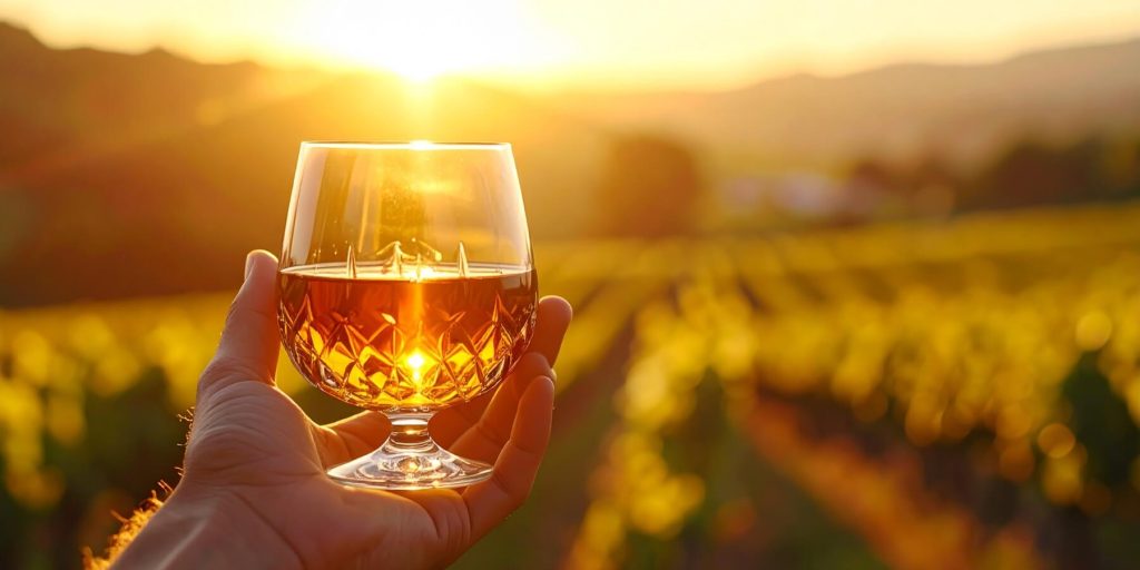 A hand holding a glass of bourbon up to the sunlight with a field of corn in the background