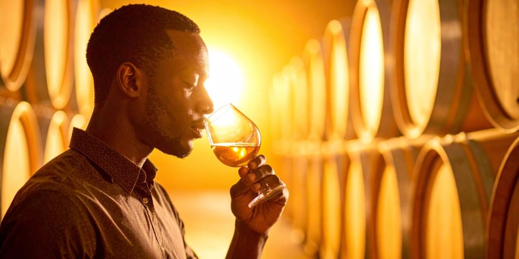 A side shot of a man smelling a glass of bourbon in a rickhouse