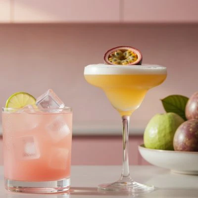 A guava cocktail and a passion fruit cocktail on a marble surface with a bowl of guavas and passion fruits in the background.
