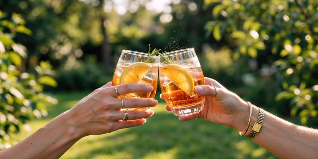 Close up shot of two friends toasting with Spritz cocktails in a garden.