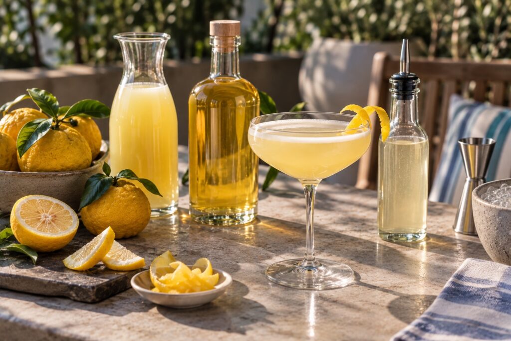 Yuzu fruit, juice, liqueur and syrup arranged around a pale yellow cocktail on a sunlit outdoor table.