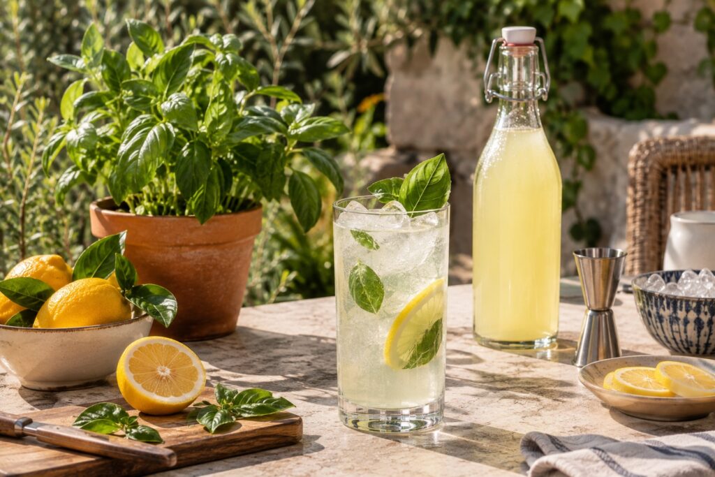 Potted basil plant and a bottle of lemonade on a sunny garden table with fresh lemons.