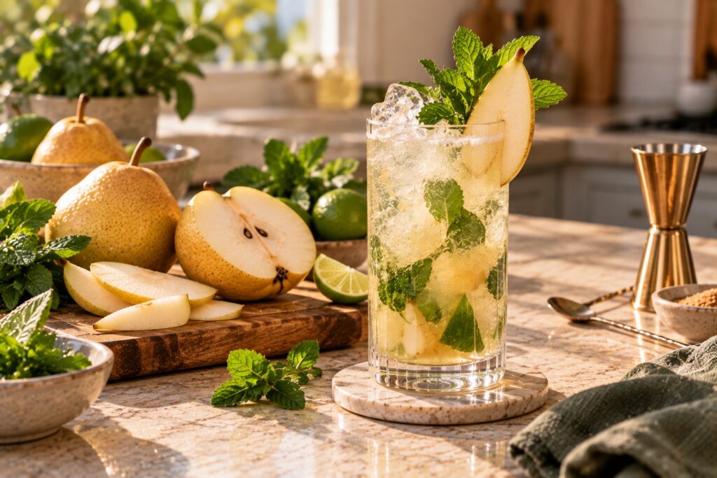 Asian pear Mojito served over crushed ice with fresh mint and pear, surrounded by Asian pears and limes on a sunlit kitchen counter.