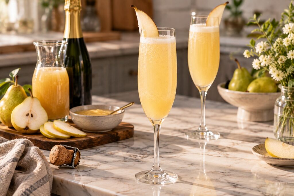 Sparkling pear Bellini served in a champagne flute with a fresh pear slice on a sunlit kitchen counter.