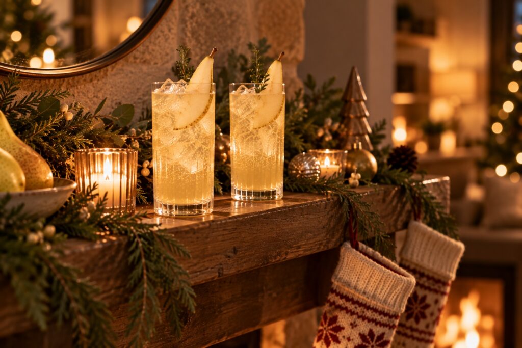 Two pear cider cocktails on a festive fireplace mantel decorated with candles, greenery and Christmas stockings.