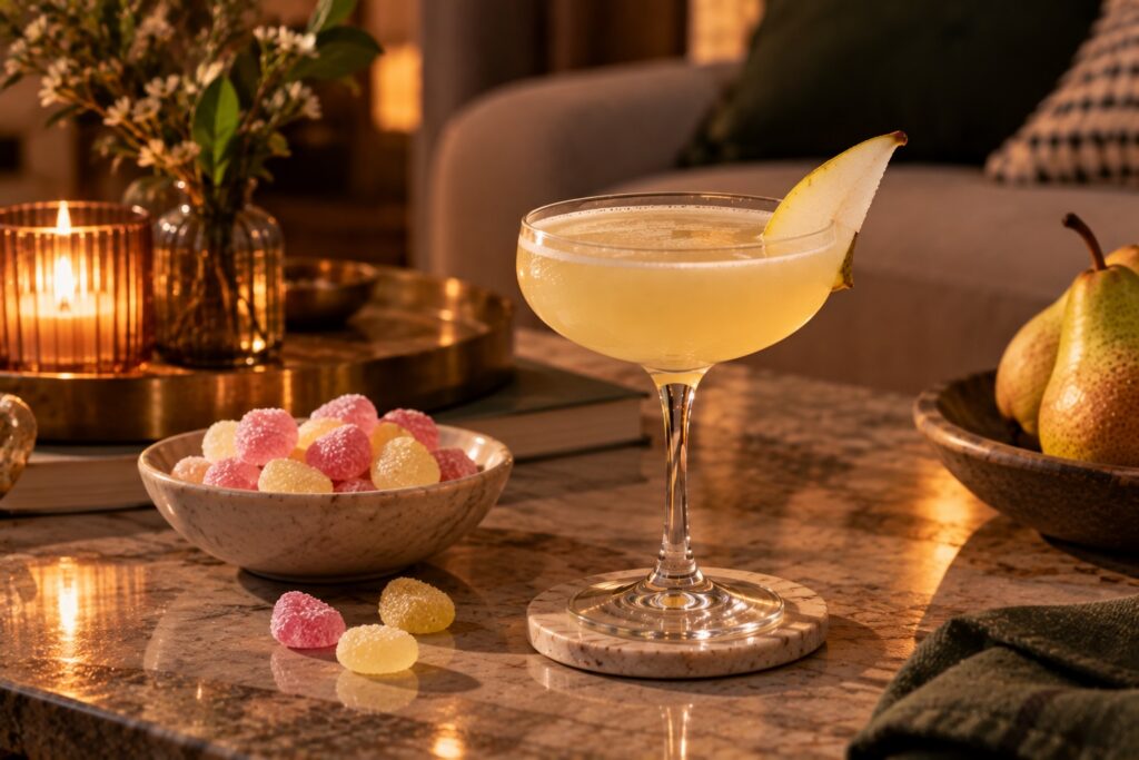Pear Drop cocktail in a coupe glass beside a bowl of colorful pear drop sweets on a candlelit coffee table in a cozy living room.