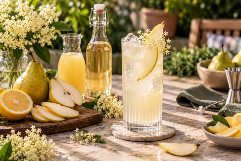 Pear and elderflower gin Collins served over ice with a fresh pear slice and delicate flowers on a sunny garden table.