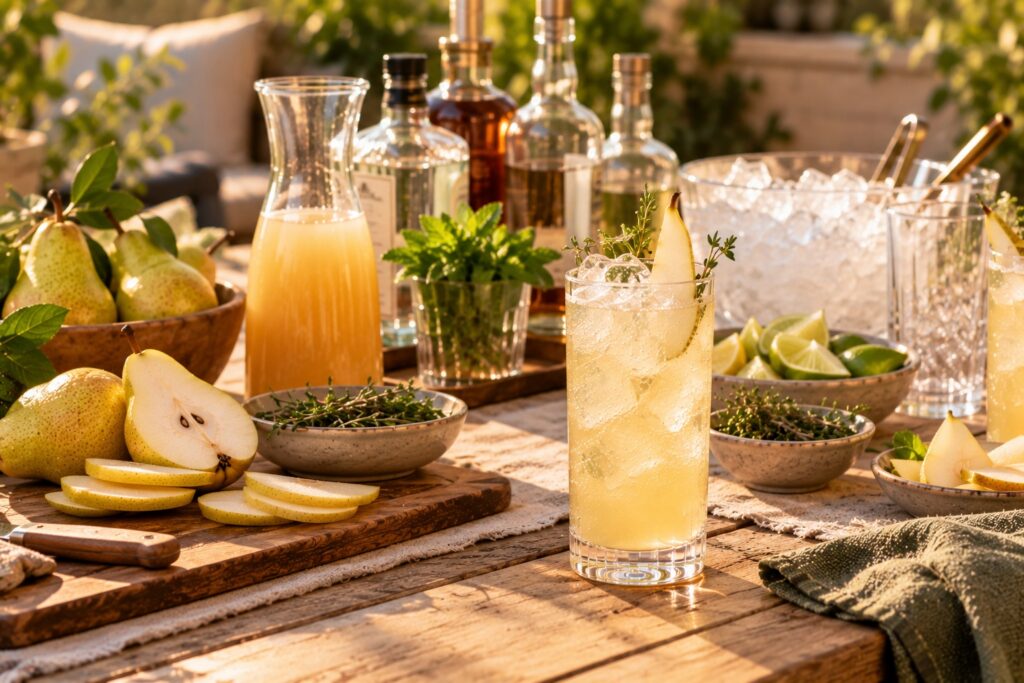Outdoor DIY cocktail station with pear juice, fresh pears, spirits, ice and garnishes surrounding a sparkling pear highball.