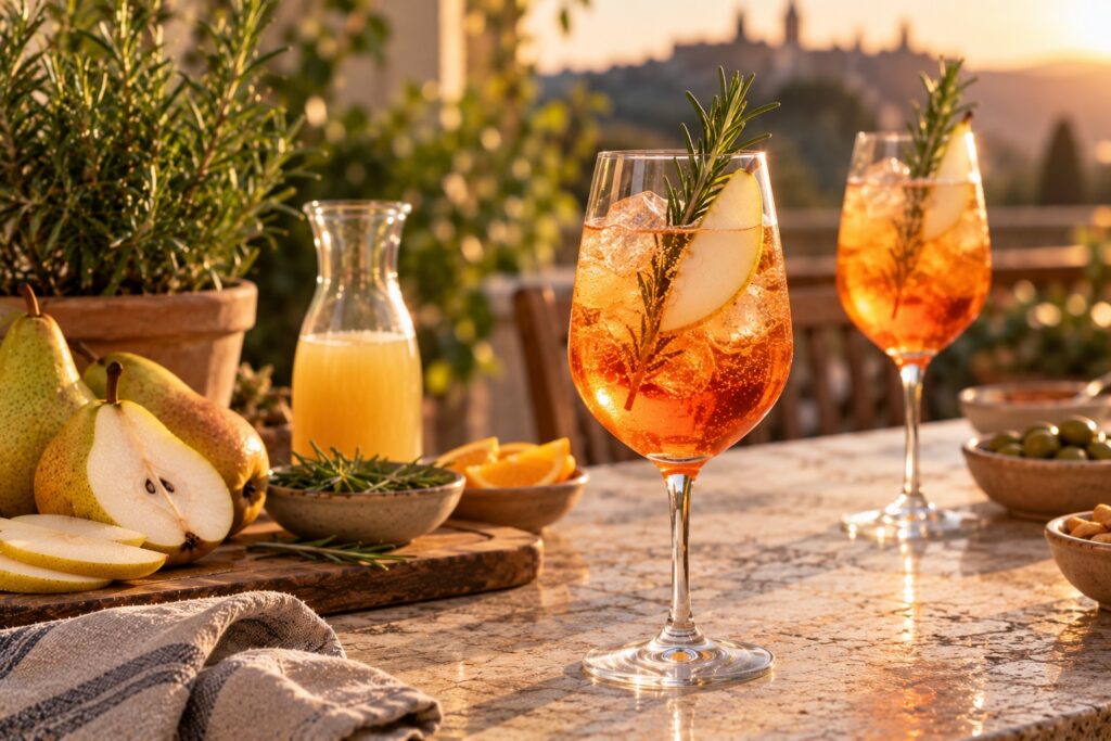 Pear and rosemary spritz served over ice on a sunlit patio table during golden hour, garnished with a pear slice and rosemary sprig.