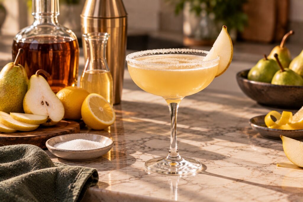Pear Sidecar served in a sugar-rimmed coupe with a fresh pear garnish, surrounded by pears and lemons on a warmly lit kitchen counter.