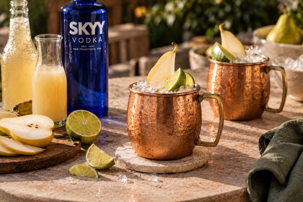 Pear Vodka Mule served over crushed ice in a copper mug with fresh pear and lime garnishes on a sunlit outdoor table.