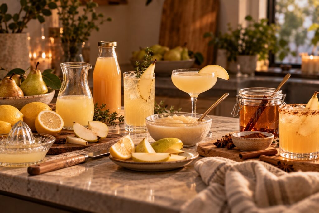 Pear juice, nectar, purée and spiced pear syrup being prepared on a kitchen counter with fresh pears, lemons, cinnamon and kitchen tools.