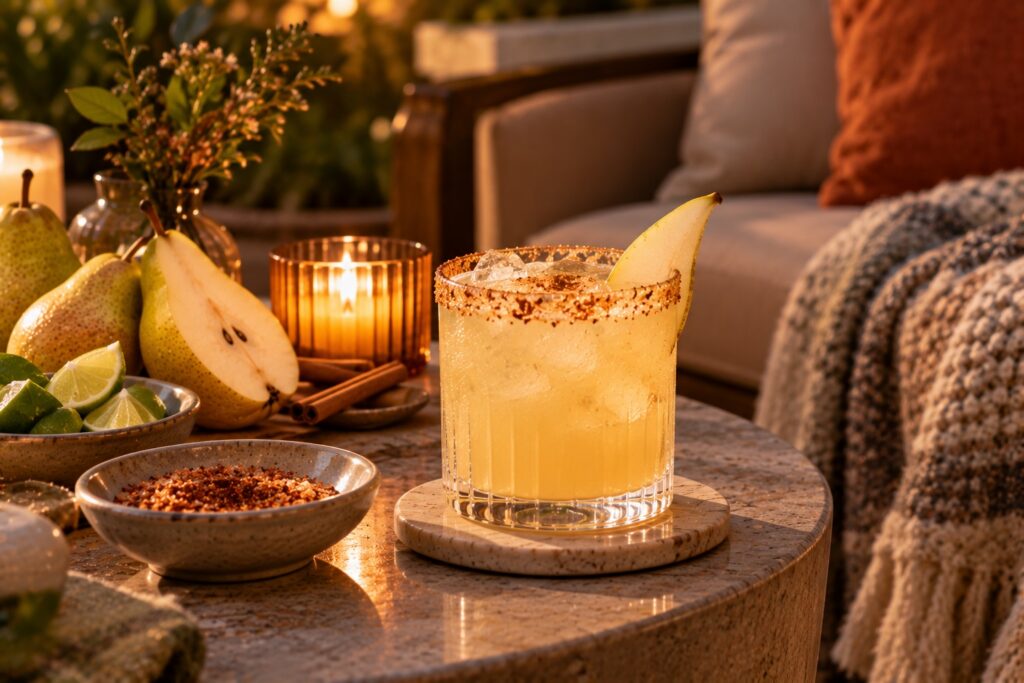 Spiced Pear Margarita with a chili-salt rim and pear garnish on a cozy side table beside a sofa and folded fluffy blanket.
