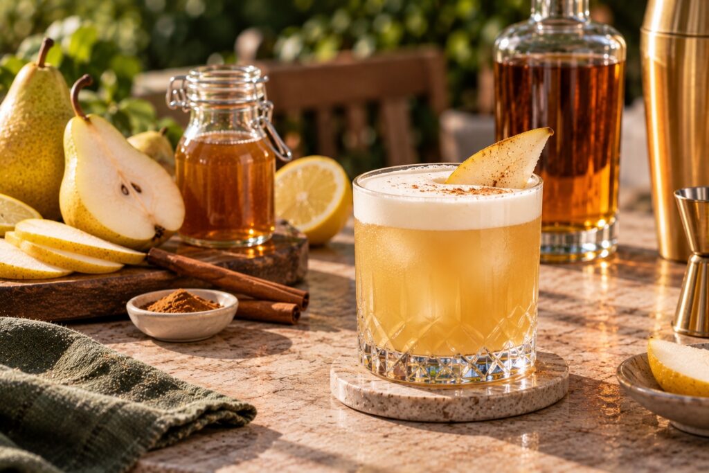 Spiced pear whiskey sour with a silky foam top and fresh pear garnish, surrounded by pears, cinnamon and lemon on a warm autumnal table.