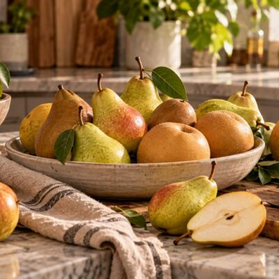 Selection of green, golden, red-blushed, russet and Asian pears arranged on a sunlit kitchen counter.