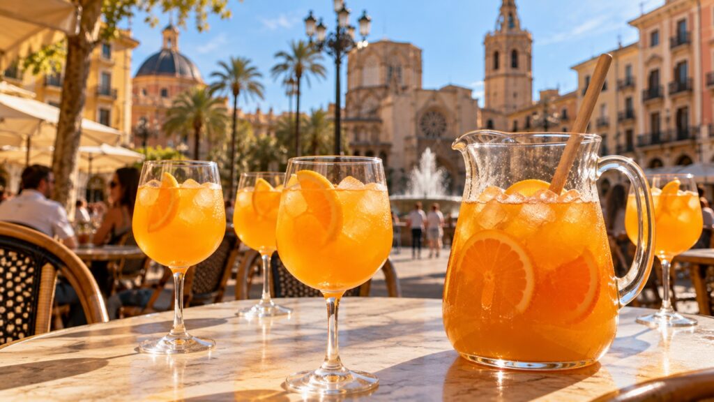 Pitcher and glasses of Agua de Valencia, a sparkling orange cocktail, on a sunny outdoor café table overlooking a historic square in Valencia, Spain.