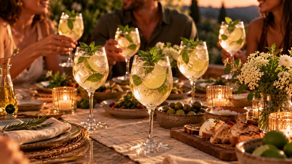 Six sparkling Hugo Spritz cocktails garnished with fresh mint and lime at an outdoor dinner party, with guests chatting around a candlelit table set with flowers and food at sunset.