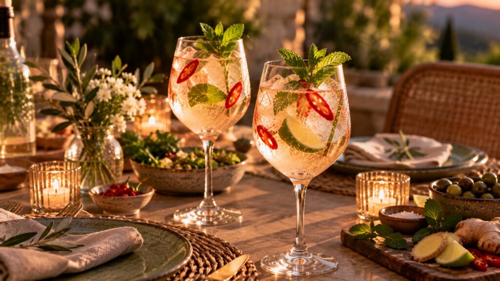 Two spicy Hugo Spritz cocktails with ice, mint, lime and red chili slices on an outdoor dinner table set with plates, candles, flowers and appetizers at sunset.