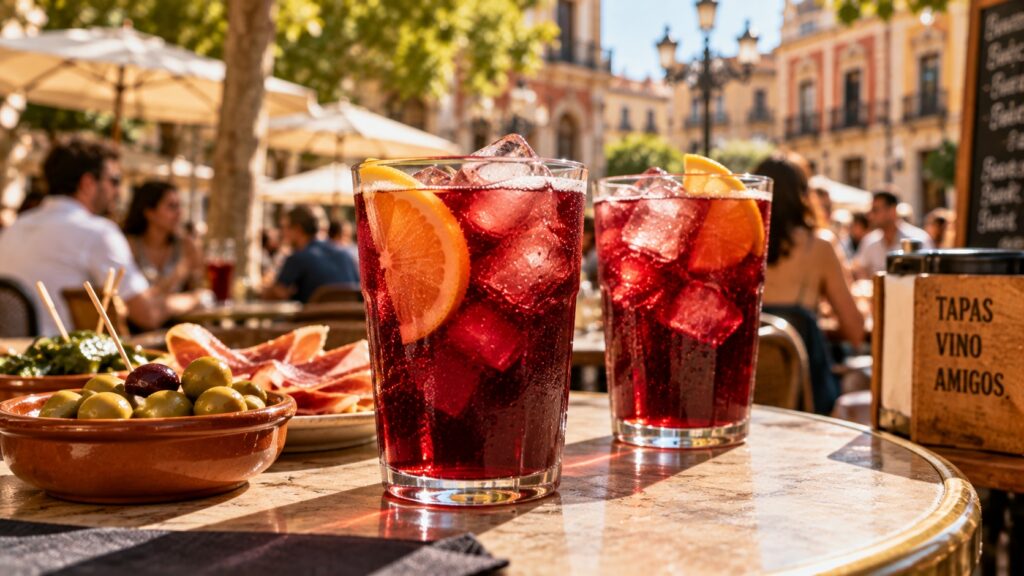 Two glasses of Tinto de Verano with ice and orange slices on a sunny outdoor bar terrace in Spain, alongside olives and tapas.