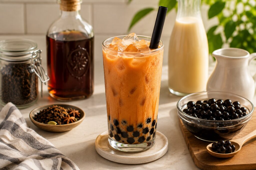 A Spiked Thai Milk Tea with Boba served in a tall glass over ice with black tapioca pearls and a wide boba straw.