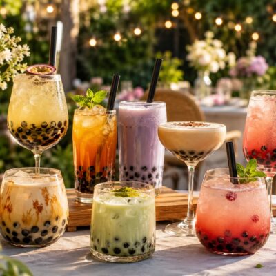 A selection of colorful bubble tea cocktails and boba cocktails arranged on a table at an outdoor garden party.
