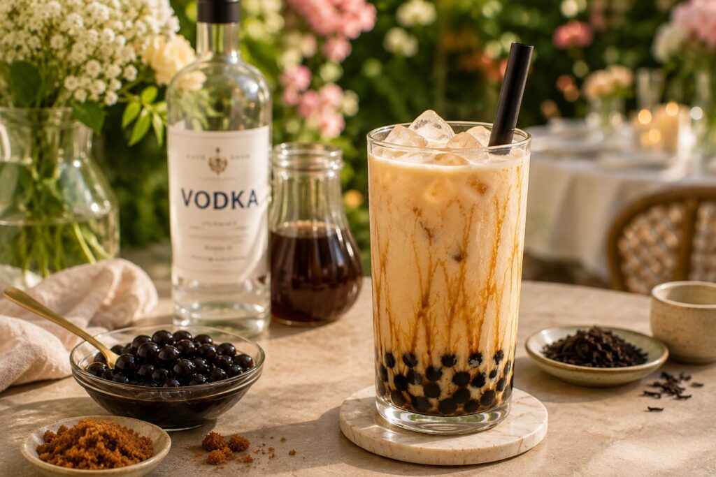 A Bubble Tea Vodka Cocktail served in a tall glass with black tapioca pearls, ice, brown sugar syrup, and a wide boba straw.