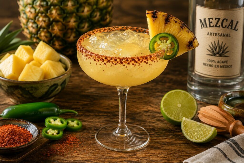 A Spicy Pineapple Mezcalita served over ice in a rocks glass with a chili-salt rim, garnished with a grilled pineapple wedge and fresh jalapeño slice.