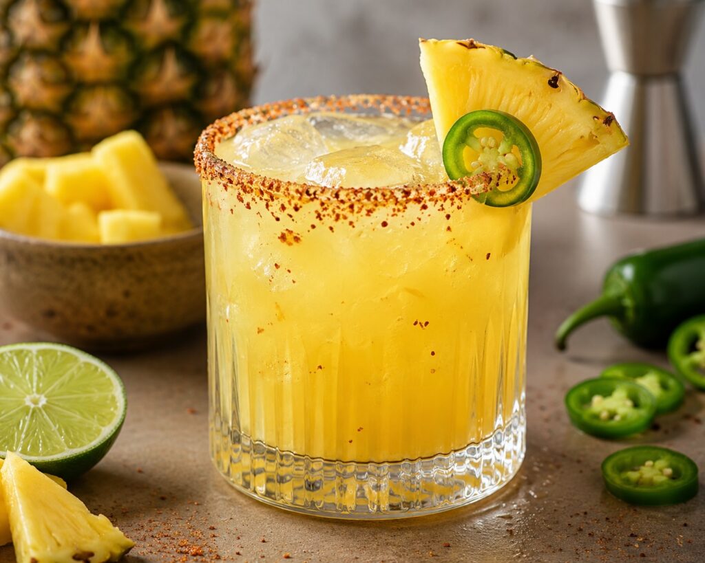 A Pineapple Chili Margarita served over ice in a rocks glass with a Tajín-style chili rim, garnished with a fresh pineapple wedge and jalapeño slice.