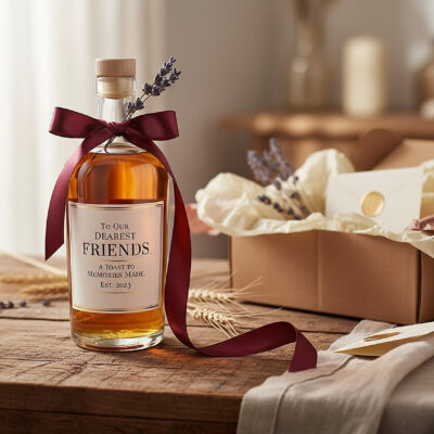 A personalized rum bottle tied with a burgundy ribbon and lavender sprigs, sitting on a rustic wooden table beside an open kraft gift box with tissue paper and a wax-sealed envelope.