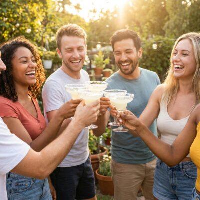 Friends toasting with salt-rimmed Margarita glasses at an outdoor summer party in golden-hour light.