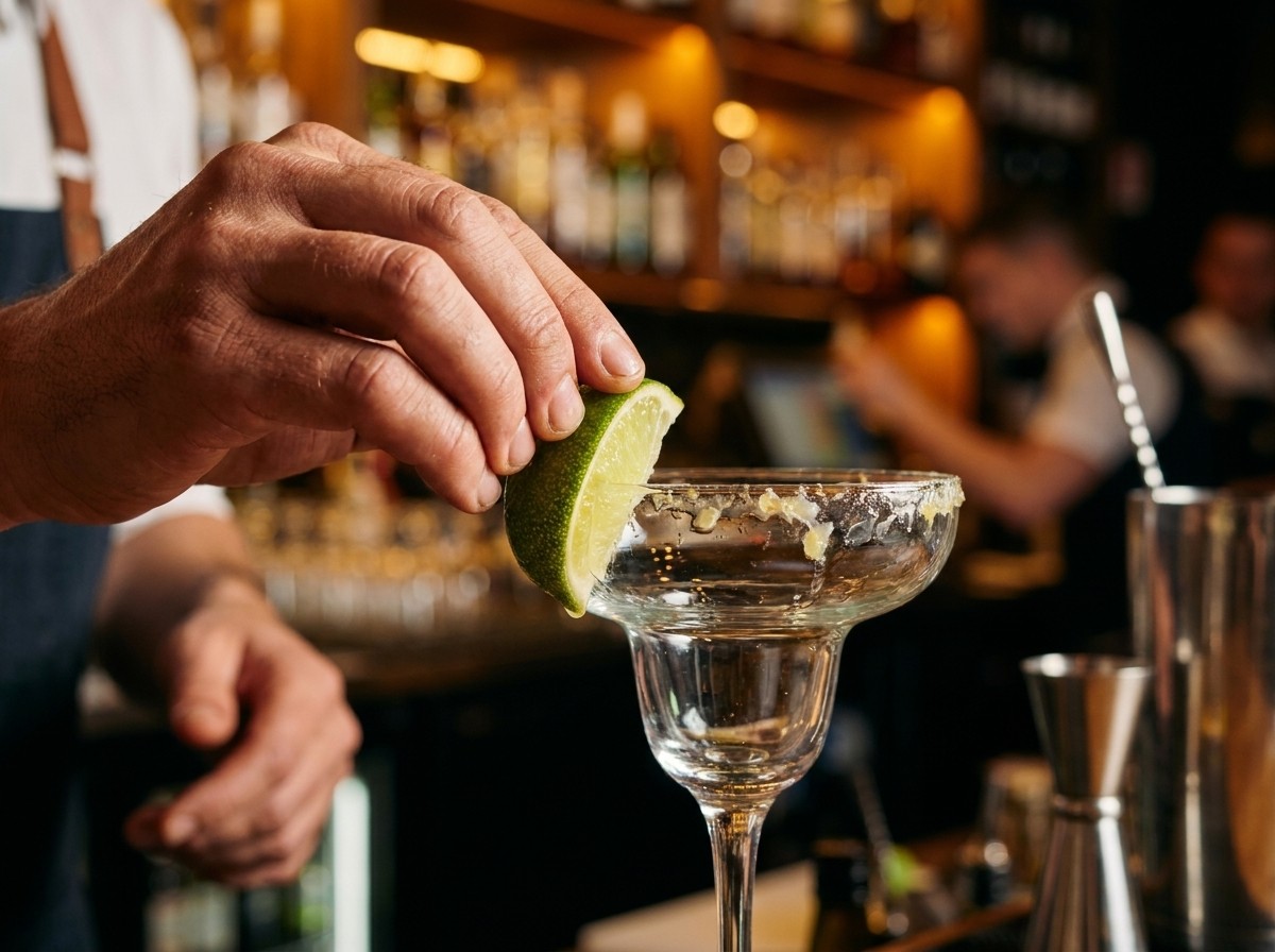 A bartender's hand running a lime wedge around a Margarita glass rim against a blurred bar background.