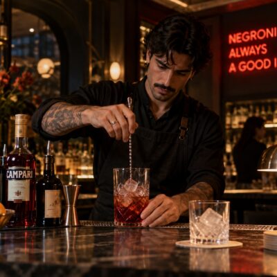 Bartender mixing a Negroni in a stylish cocktail bar.