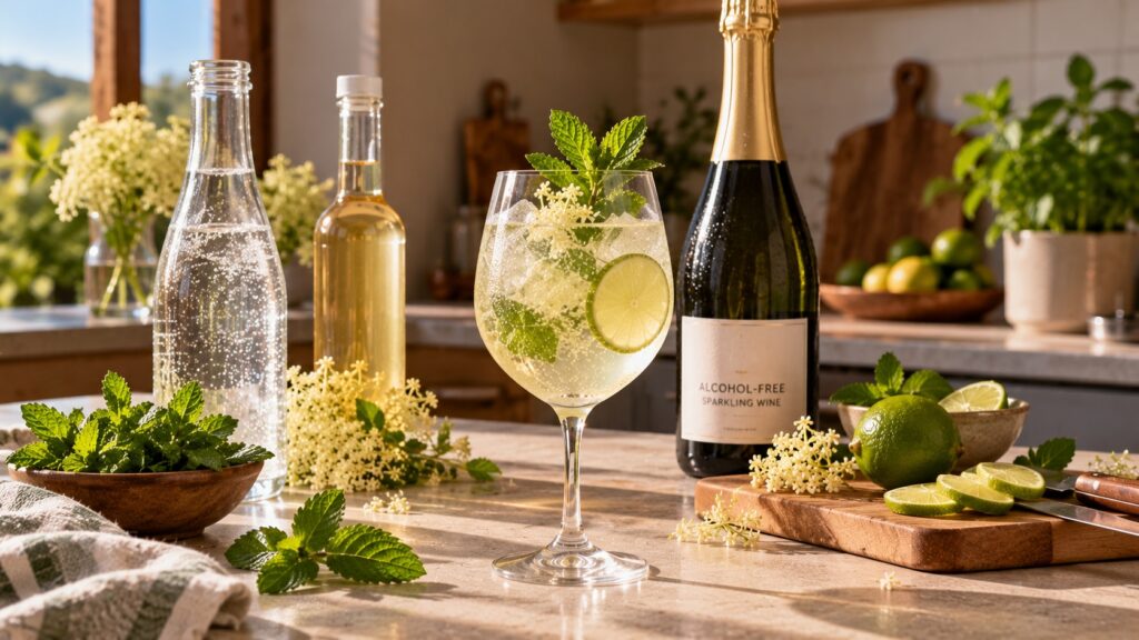 Alcohol-free Hugo Spritz with ice, lime and fresh mint on a sunny kitchen countertop, alongside sparkling water, elderflower cordial, alcohol-free sparkling wine and sliced limes.