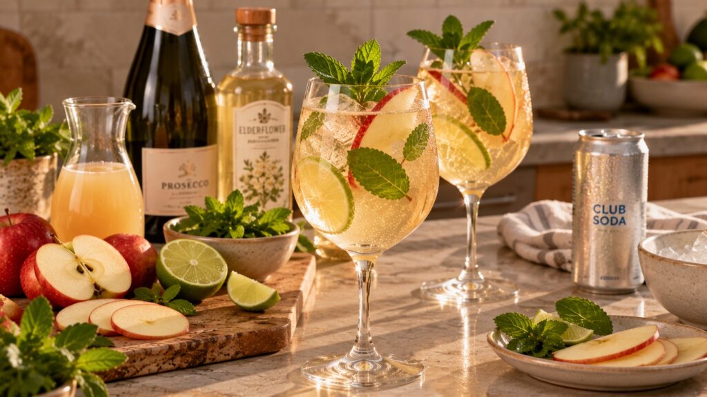 Two apple Hugo Spritz cocktails garnished with apple slices, lime and mint on a sunny kitchen counter, alongside a jug of cloudy apple juice, Prosecco, elderflower cordial, club soda and fresh apples.