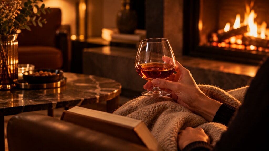 Glass of cognac enjoyed beside a glowing fireplace, with a soft blanket and open book creating a cozy evening setting.