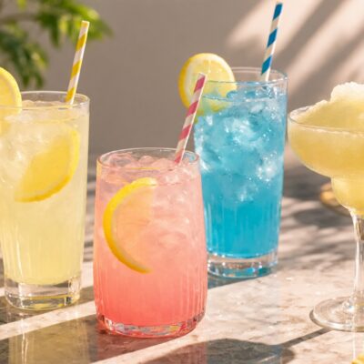 Four colorful lemonades on a sunlit table: classic yellow lemonade, pink lemonade, blue lemonade and a frozen lemon slush, garnished with fresh lemon slices.